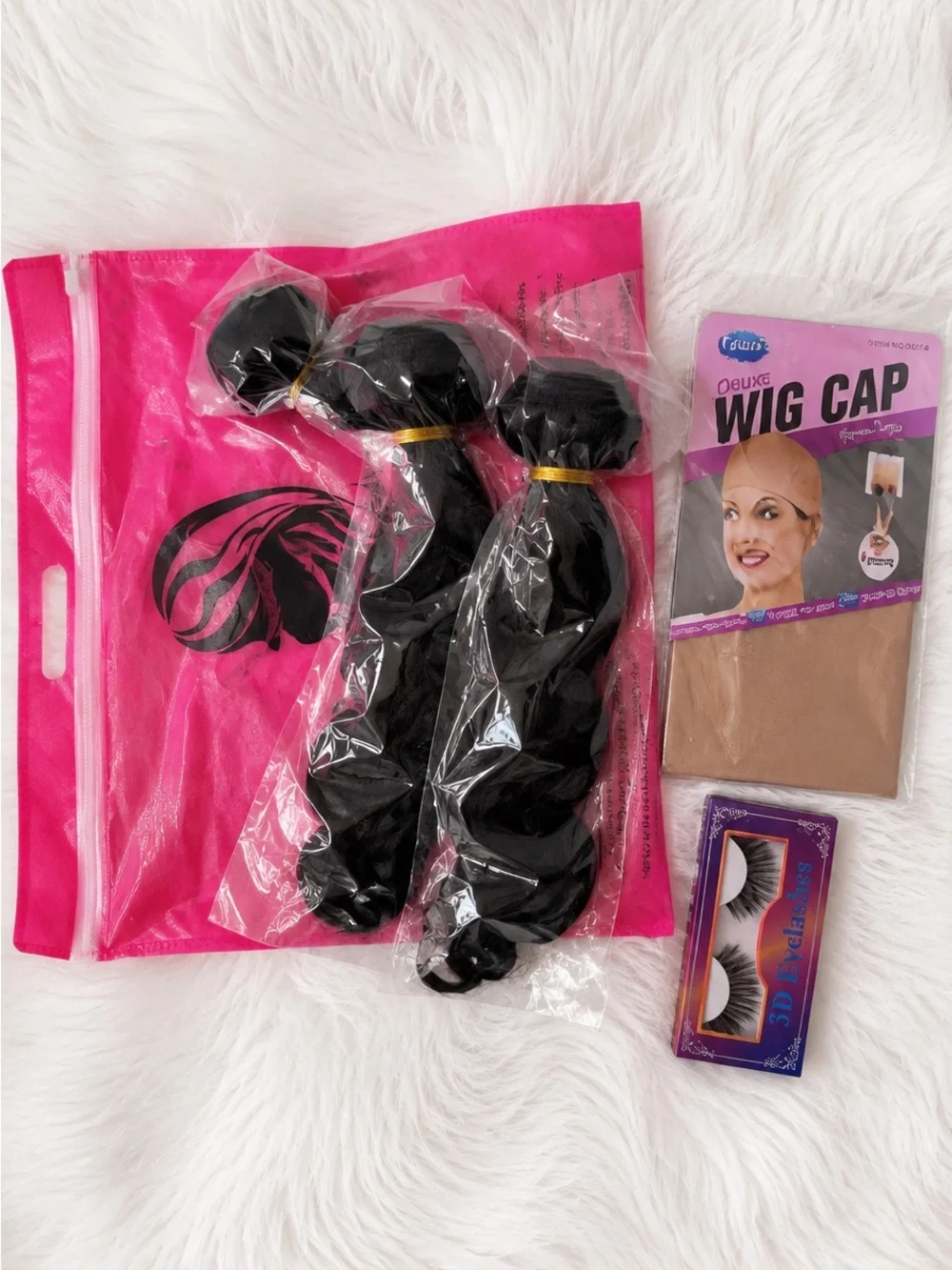 Black Body Wave Hair Bundles with Wig Cap & Lashes - Unbranded Set